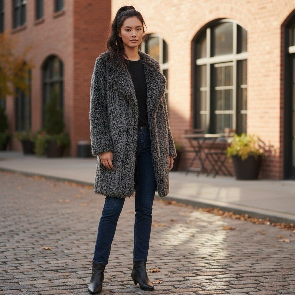 Michael Stars Womens Size Medium Long Cozy Black Faux Fur Coat Jacket